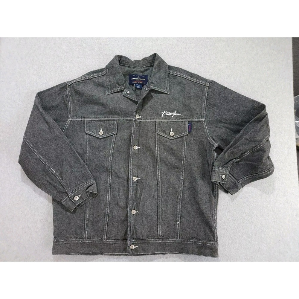 Mens XXL Vintage Retro Phat Farm black Denim Jean Jacket Coat Button‎ Up